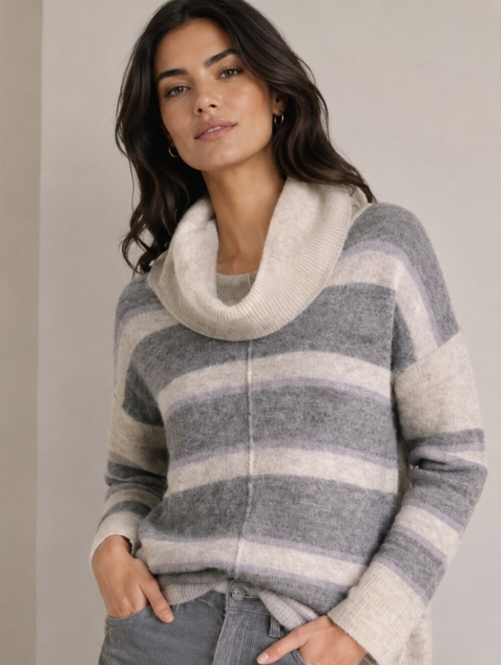 Evereve Heartloom Portia Sweater Striped Cowl Neck Pebble Beige Purple NEW Sz S